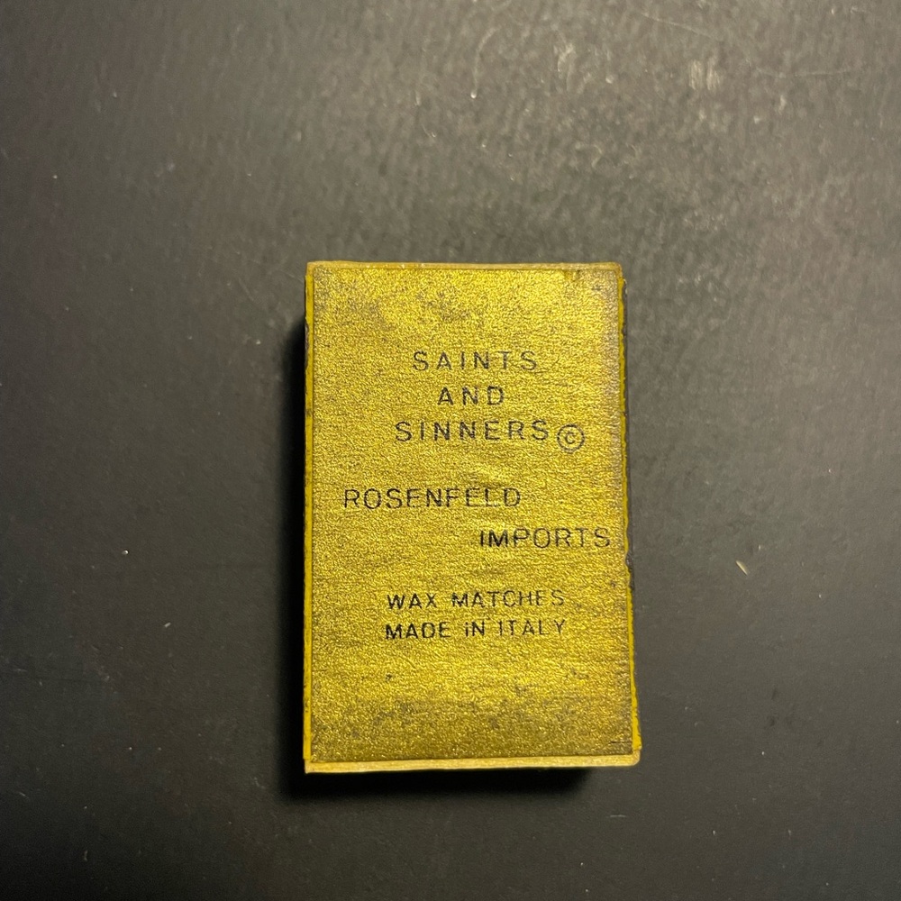 Vintage Saints & Sinners Wooden Wax Matchbox Rosenfeld Made In Italy Gold